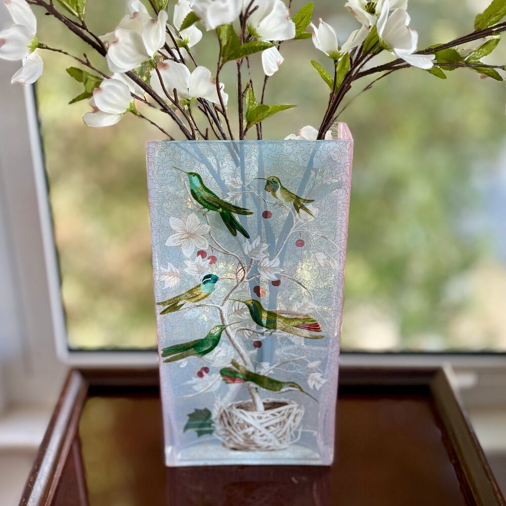 Fringe Studio Vintage Hummingbird Glass Vase Pink Blue Art Glass 12”